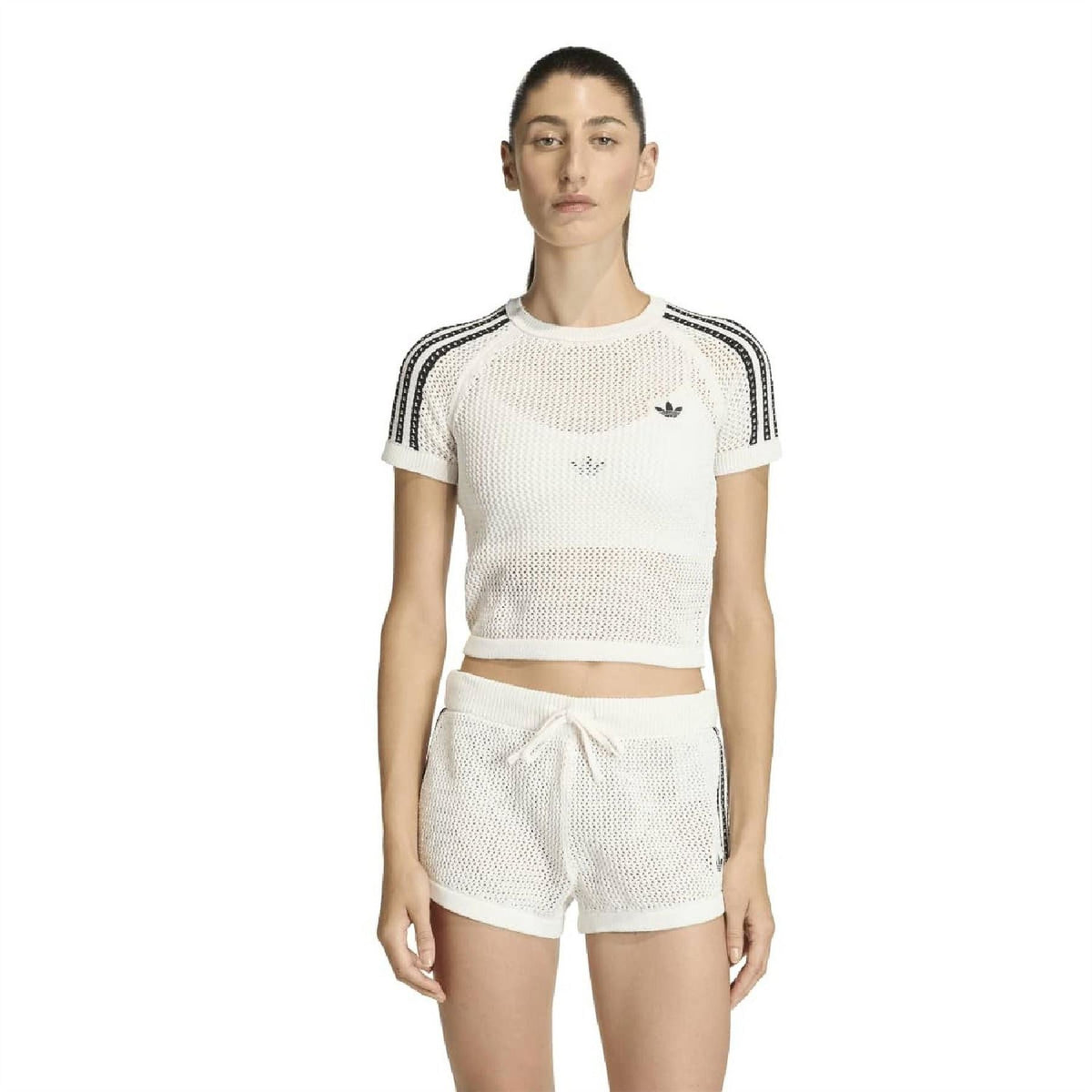 Off-white knitted crochet T-shirt with crew neck, small adidas trefoil and black shoulder stripes