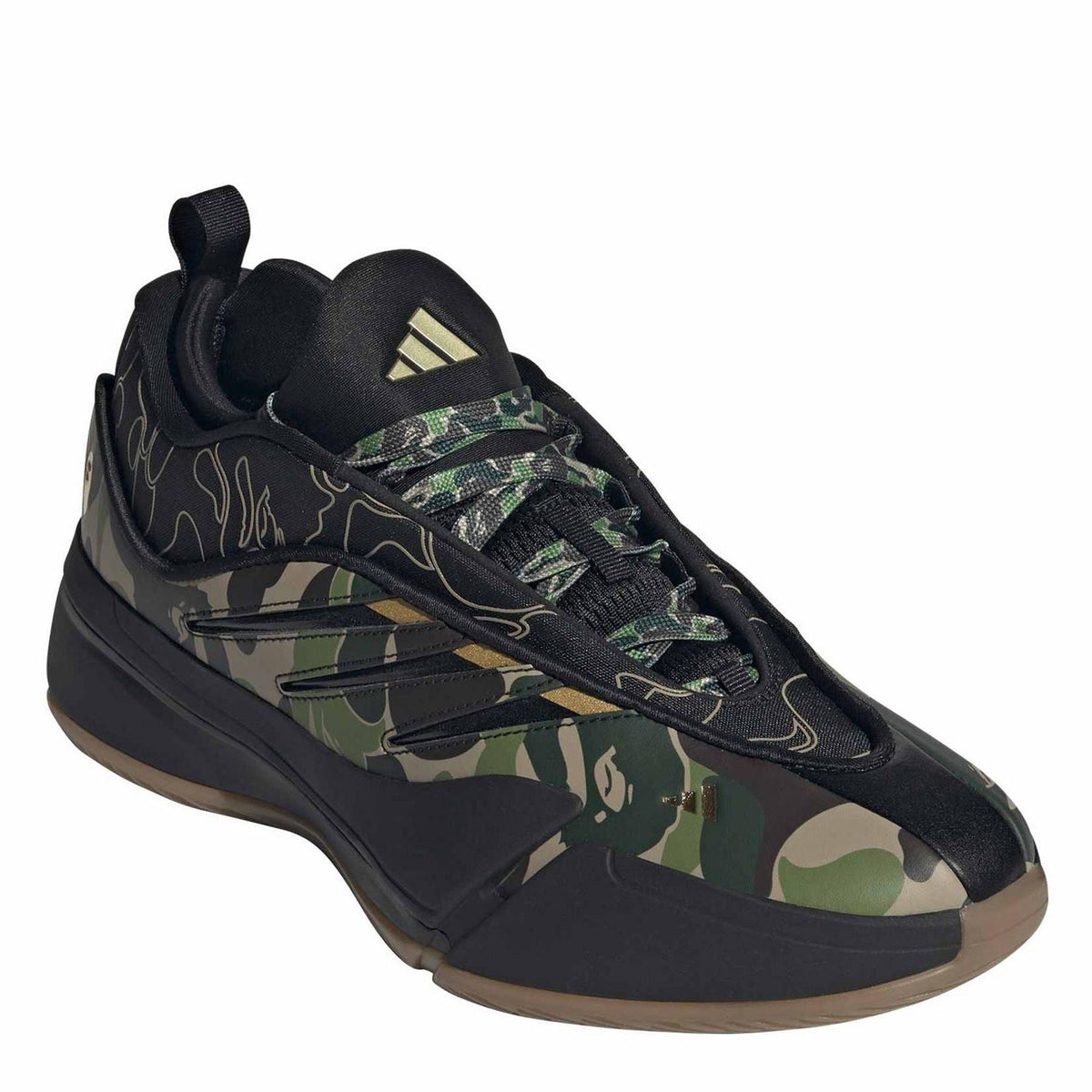 Black camo lace-up trainers with side panel stripes and cushioned collar