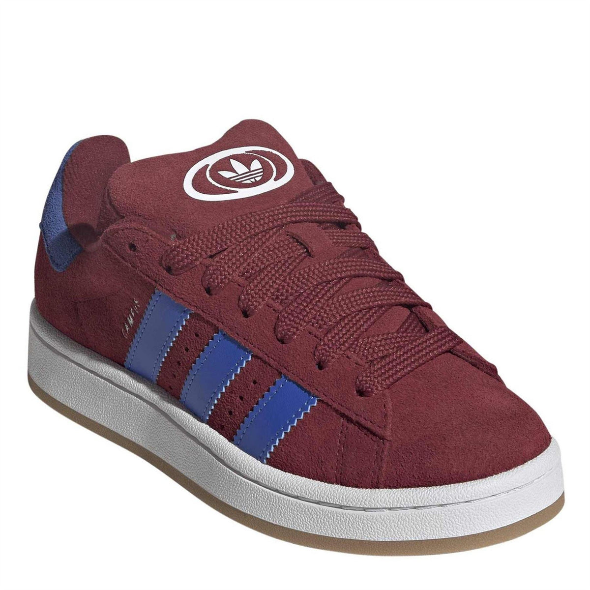adidas Originals juniors sneaker with maroon laces and trefoil logo; blue stripe detailing