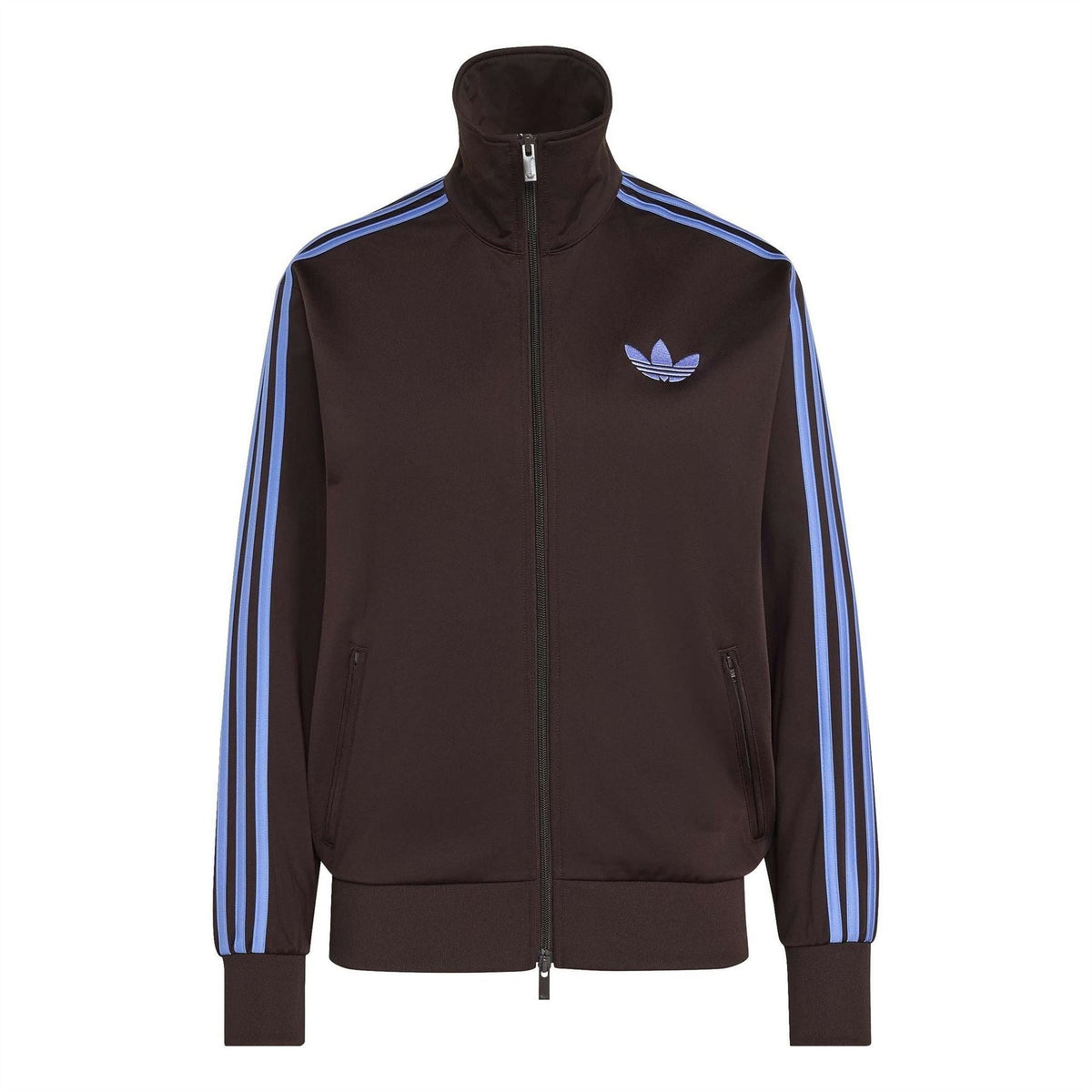 adidas Originals relaxed-fit high-neck top in coffee with blue side stripes and zip
