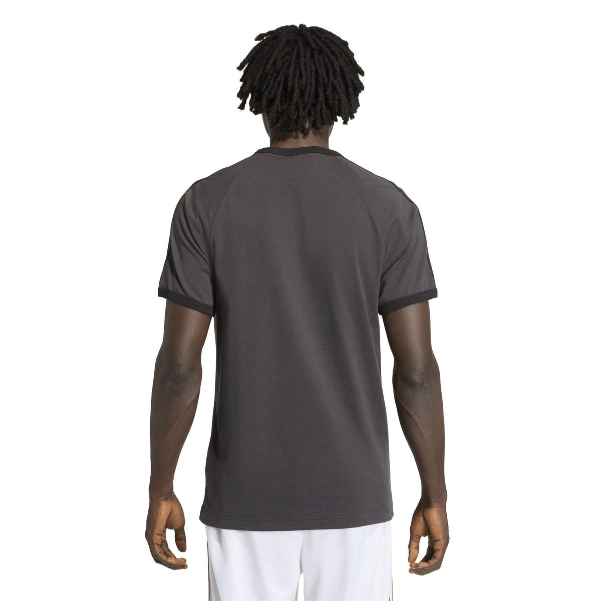 adidas Originals men's black T-shirt back view with striped sleeve trim