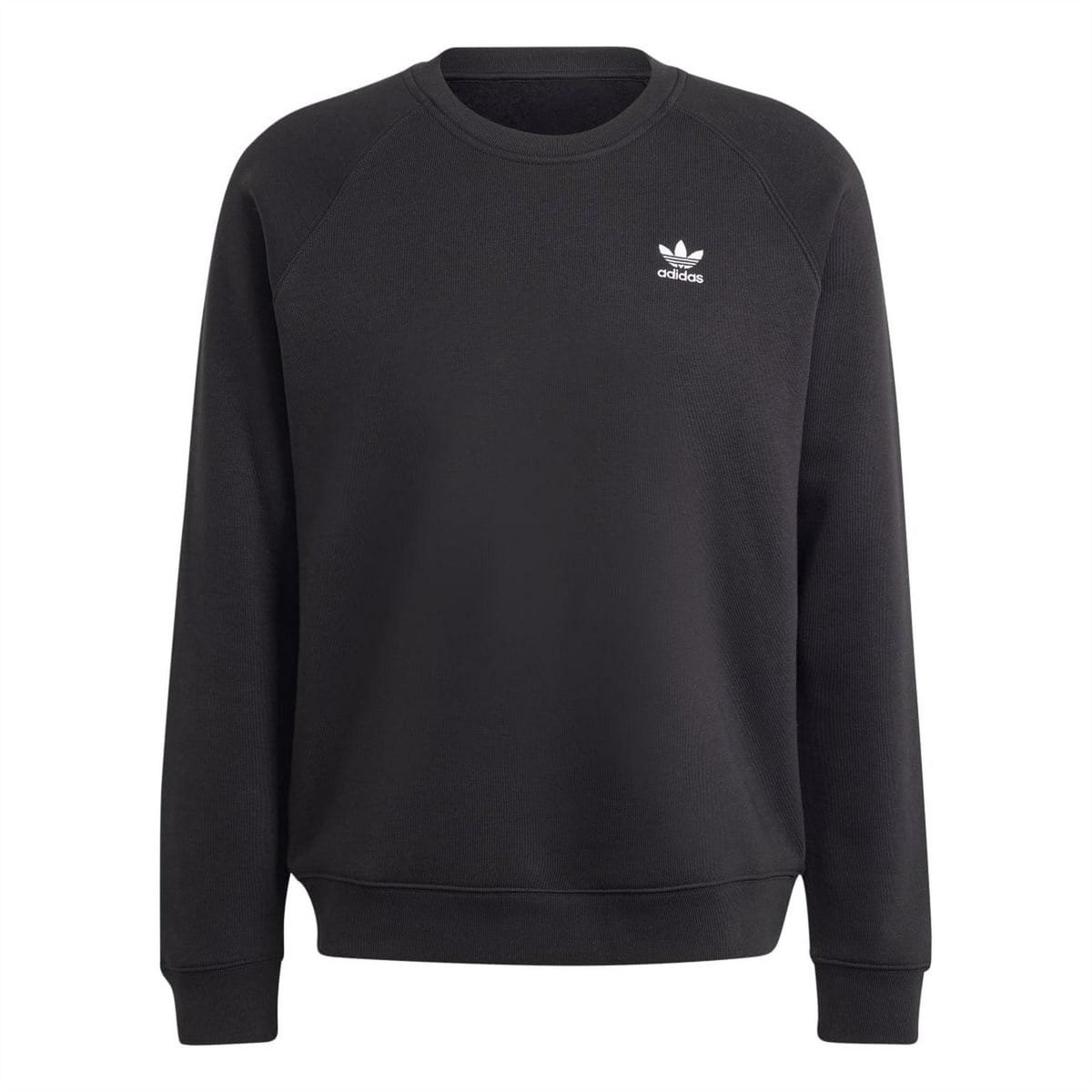 Black crewneck sweatshirt, front view; adidas trefoil logo and ribbed trims.