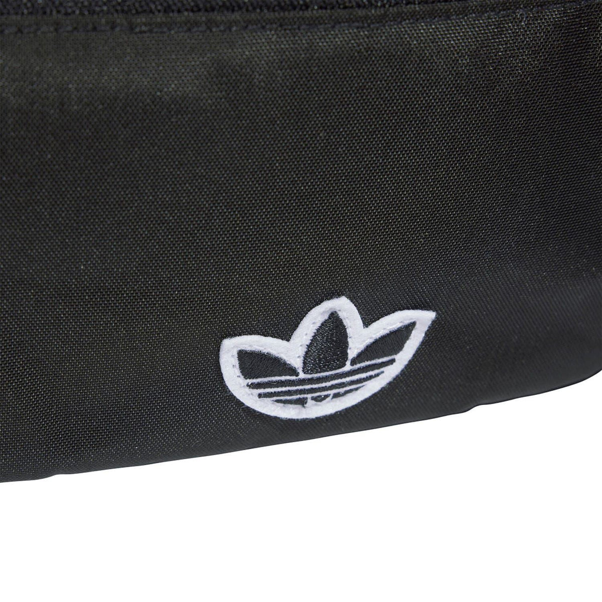 Black fabric bag with white adidas trefoil logo embroidered on front