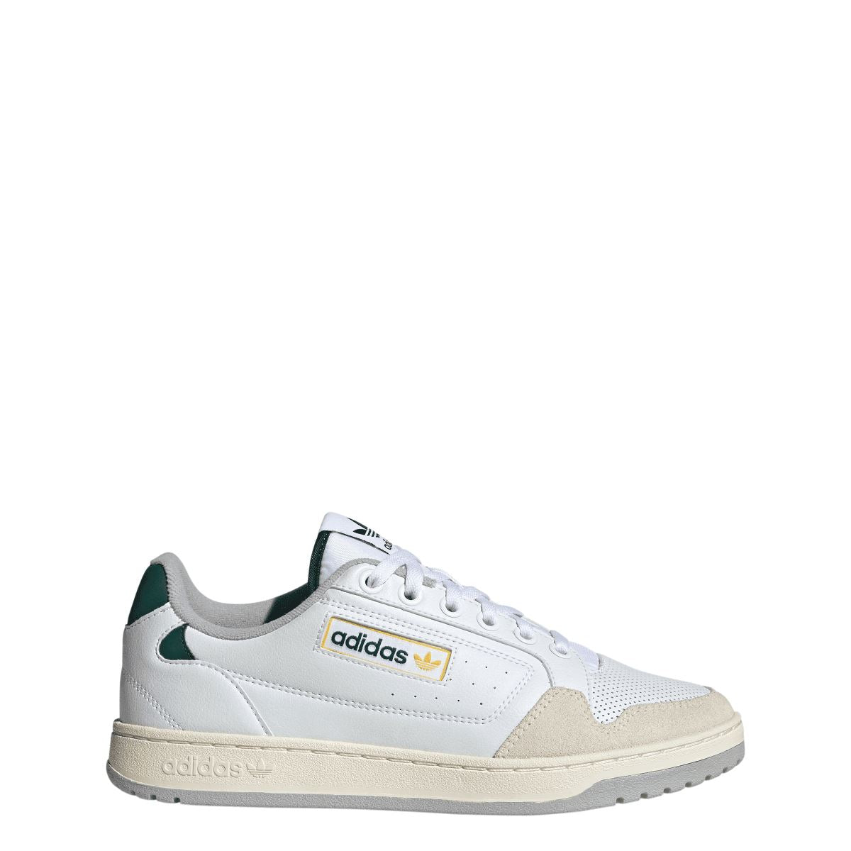 White adidas NY 90 low-top trainers, side view with green lining and beige sole