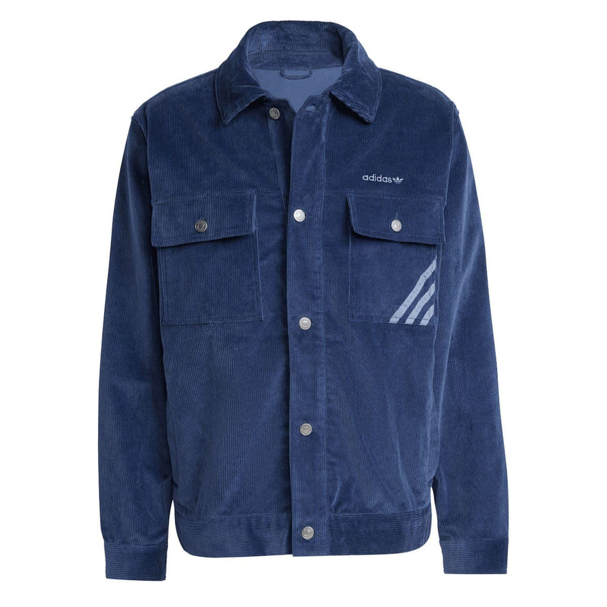 Indigo corduroy coach overshirt with stand collar, button front, chest flap pockets