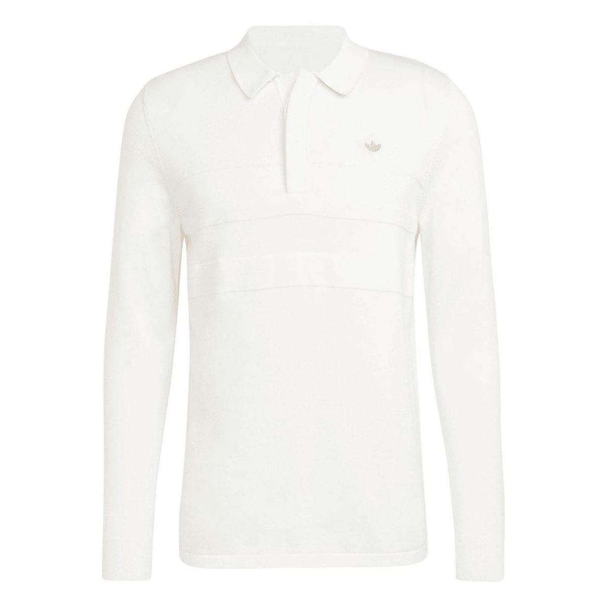 Off-white long sleeve polo shirt front view with buttoned placket