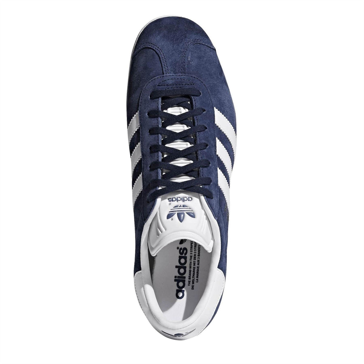 Adidas Gazelle JN64 sneakers, navy suede with black laces and white toe stripes