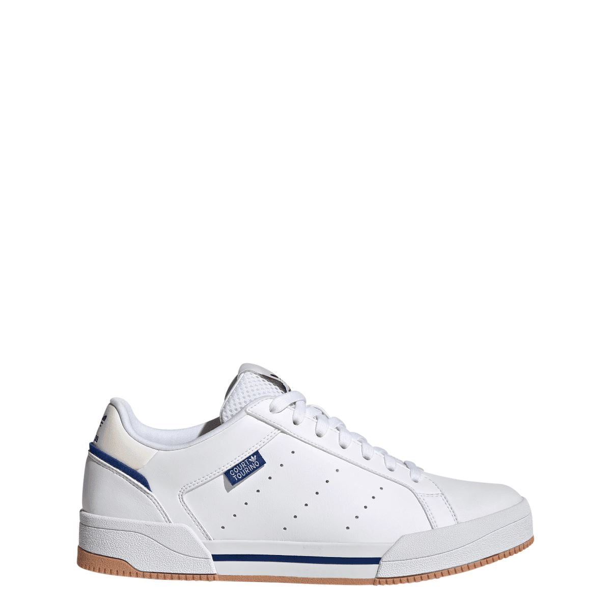 White adidas Court Tourino trainers, lace-up with blue trim and gum-brown outsole