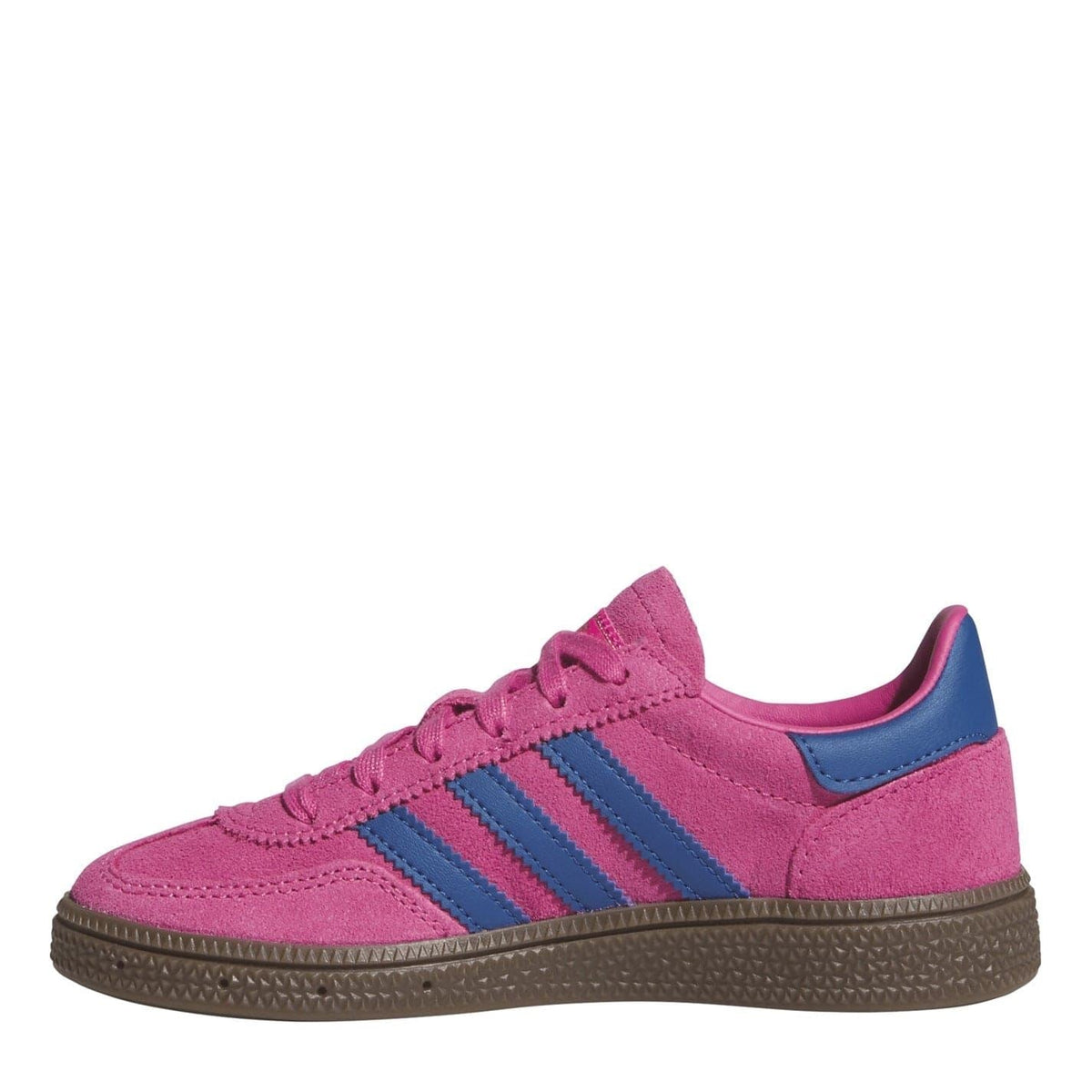 Kids' adidas Spezial sneakers, pink upper with blue stripe detail and textured gum outsole