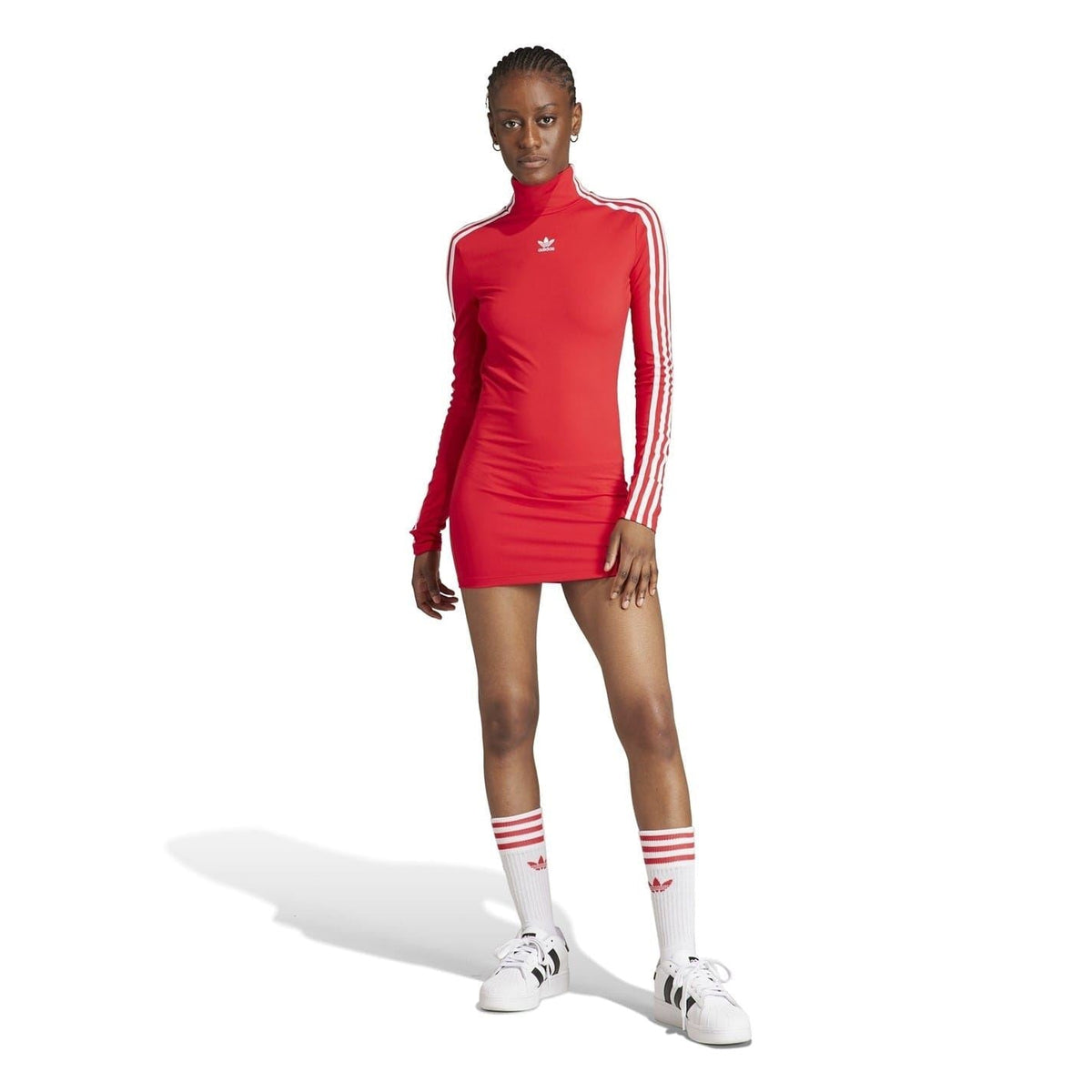 Red bodycon mini dress with mock neck and white 3-stripe long sleeves