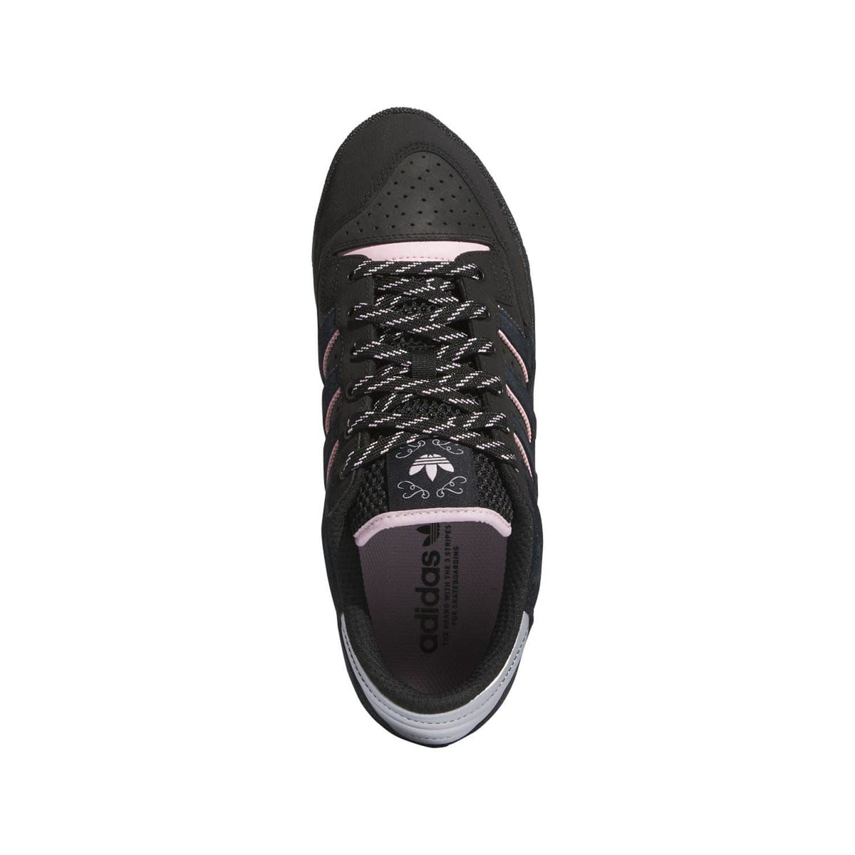 Black lace-up sneaker with pink collar trim and adidas logo on the tongue