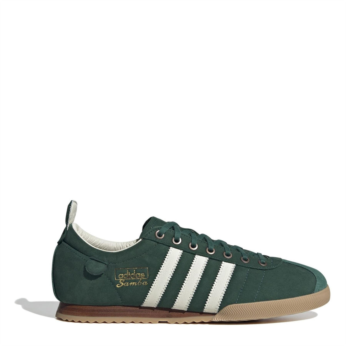Green suede low-top sneakers with white three-stripe details and lace-up front