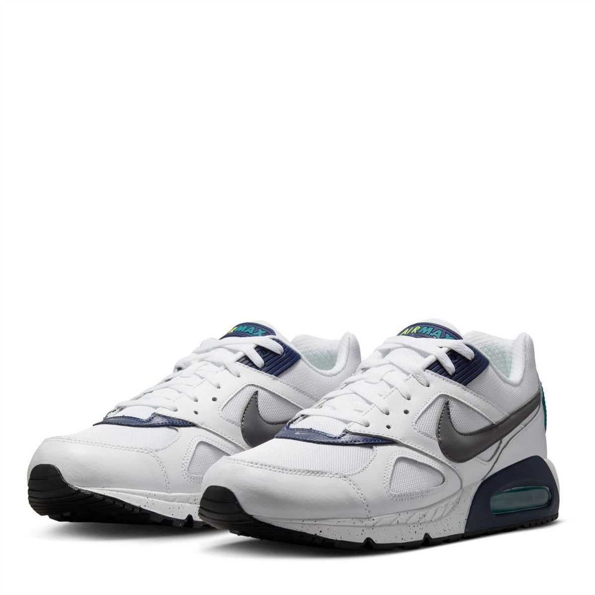 Air Max Ivo trainers, white pair with dark swoosh logos and teal-tinted Air window.