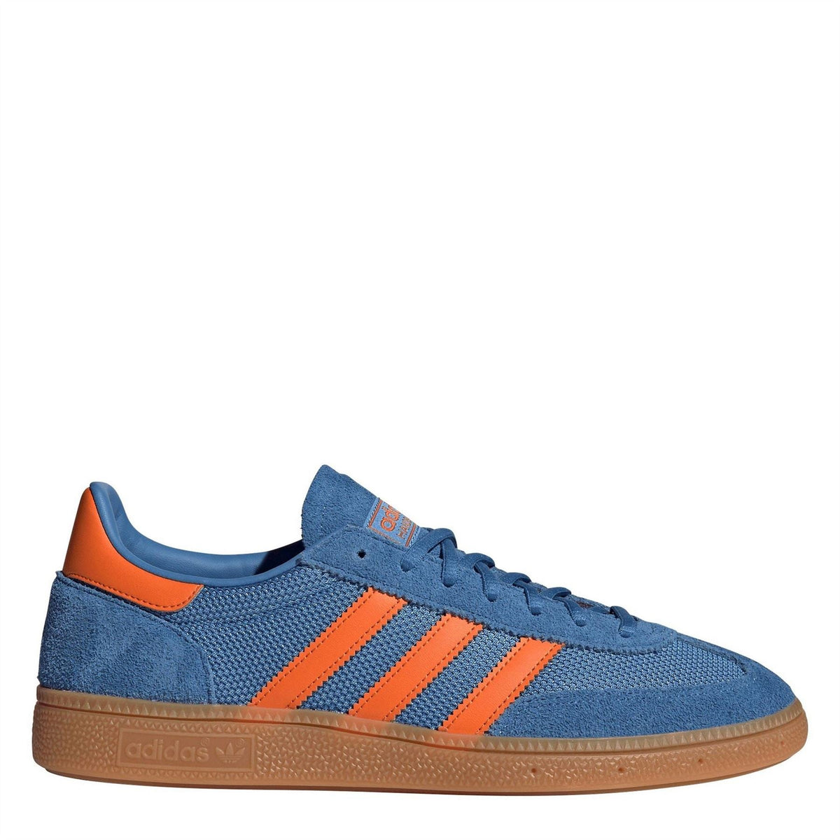 Blue and orange low-top Adidas Originals sneakers with gum sole and lace-up design