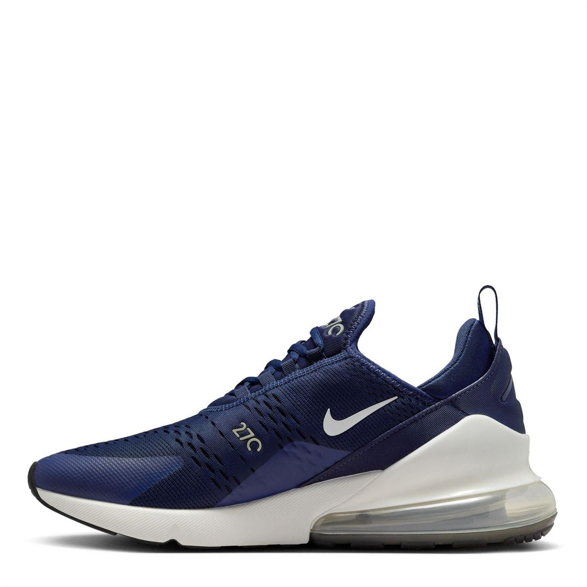 Nike Air Max 270 men's trainers, navy blue with sculpted white midsole and visible air