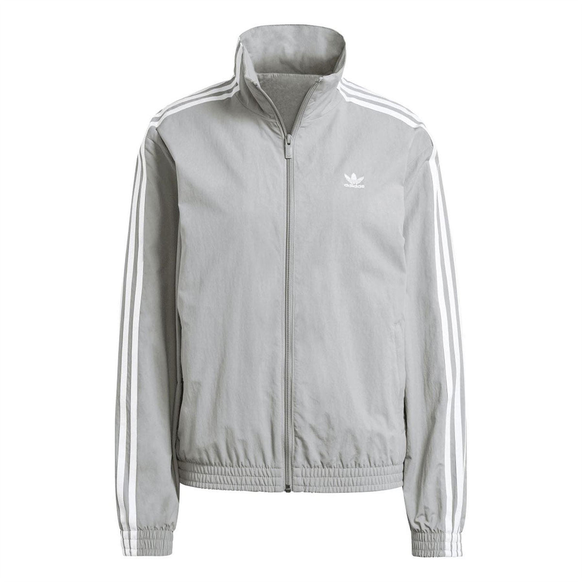 Grey adidas Originals track jacket with full zip front and white shoulder stripes