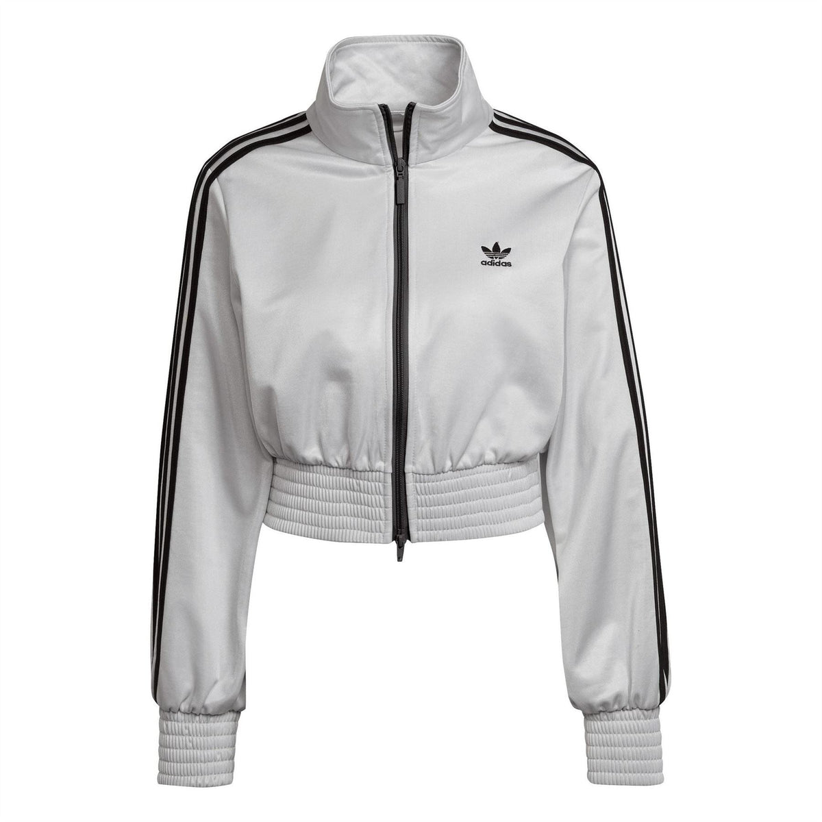 Silver high-neck track top with long sleeves, full front zip, and black side stripes