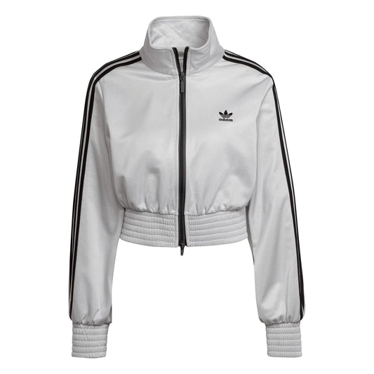 Silver high-neck track top with long sleeves, full front zip, and black side stripes