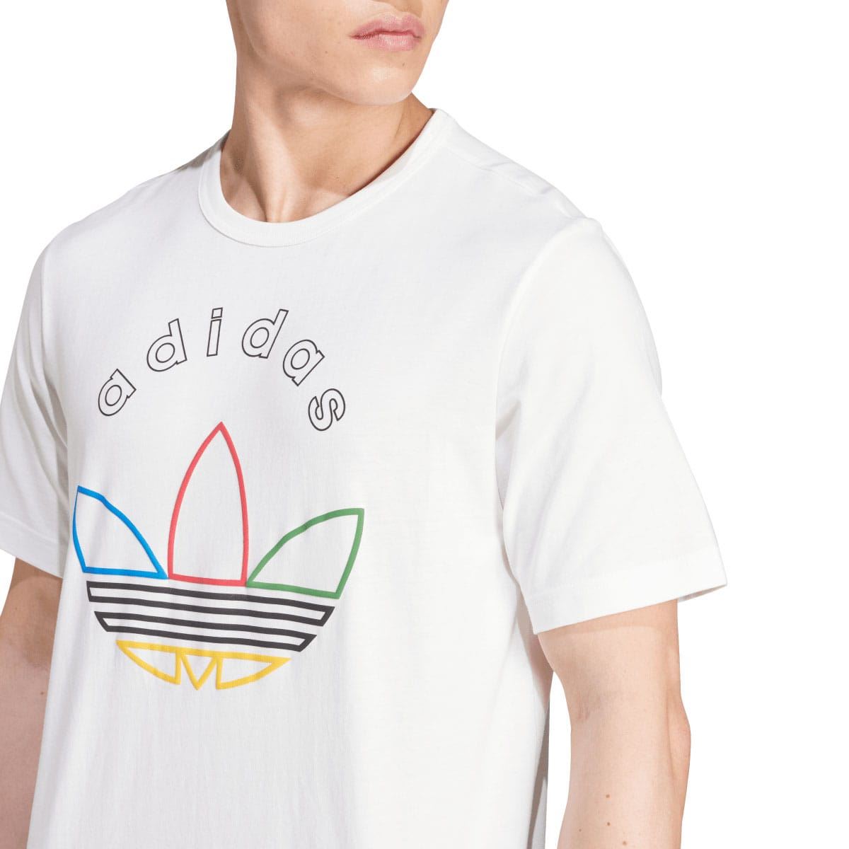 White adidas Originals T-shirt close-up: multicolor trefoil graphic on chest