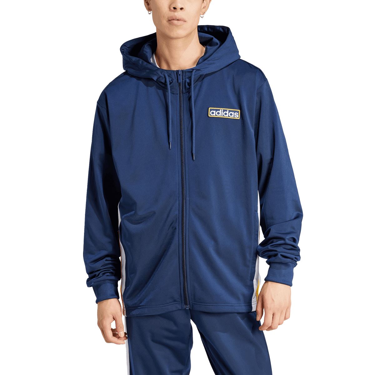 Indigo hooded full-zip track jacket style hoodie with adidas logo patch