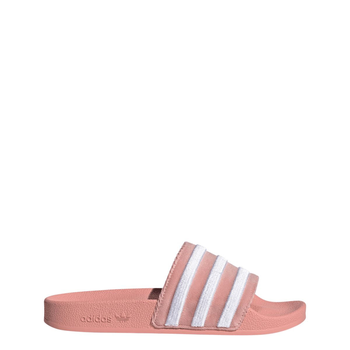 adidas Originals Adilette slide sandals in mauve with white three-stripe band, profile view