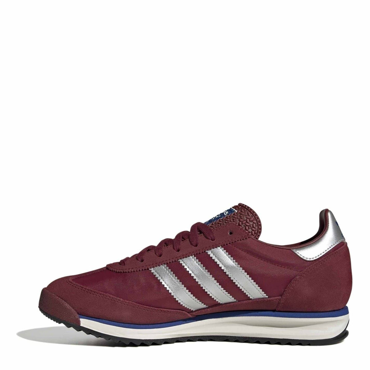 Burgundy suede-texture sneakers with white three stripes and blue sole edge.