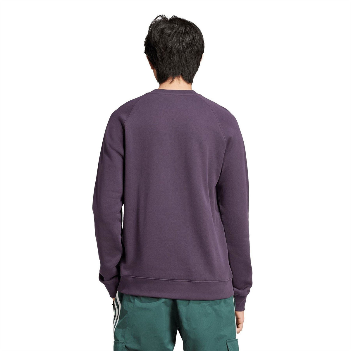 Dark purple crew sweatshirt rear view with ribbed hem and cuffs.