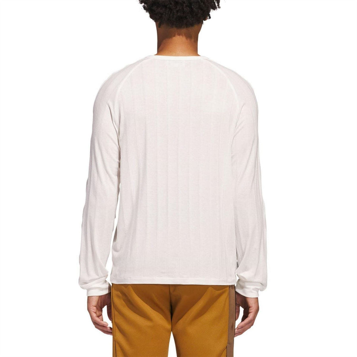 White long sleeve t-shirt, back view; ribbed crew collar and cuffs