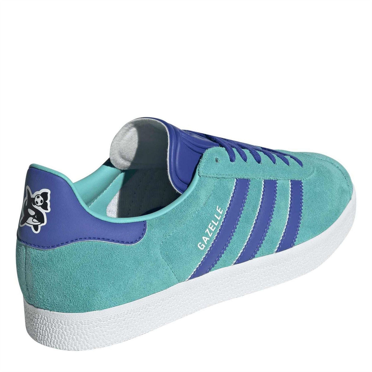 adidas Gazelle suede trainers, heel-side detail: teal upper with purple collar