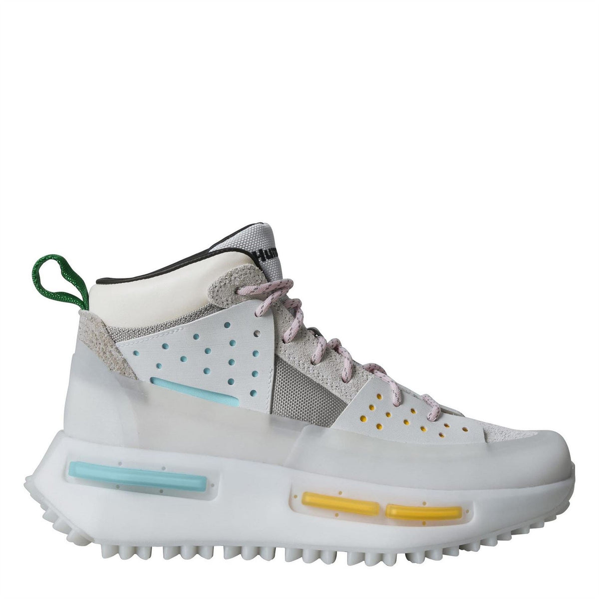 White high-top sneaker with perforated panels, pink laces, and chunky tread sole.
