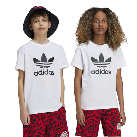 White junior t-shirt with black adidas Trefoil logo on the chest; crew neck design