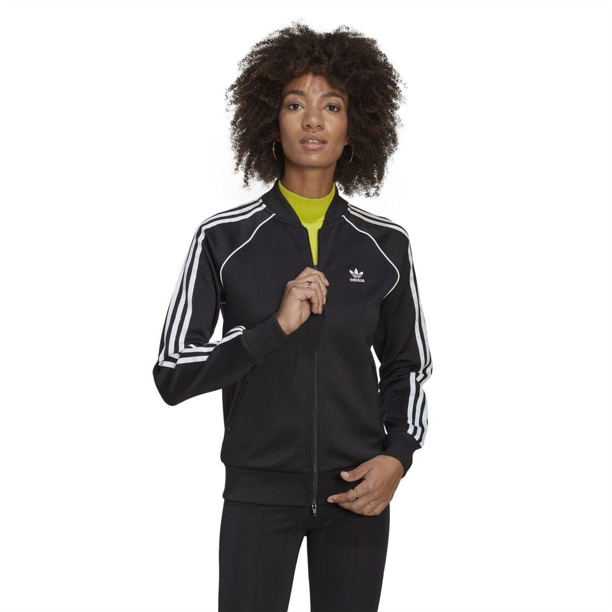 Black adidas track top with zip closure, white shoulder stripes, and logo