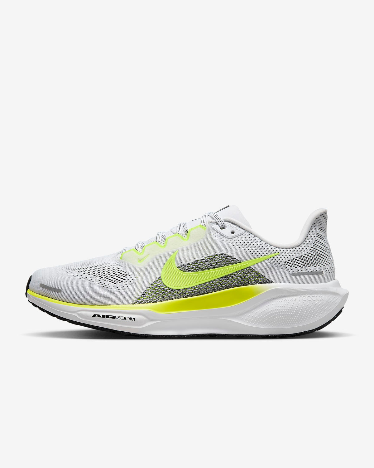 White and neon yellow-green running shoes with lace-up front and cushioned midsole