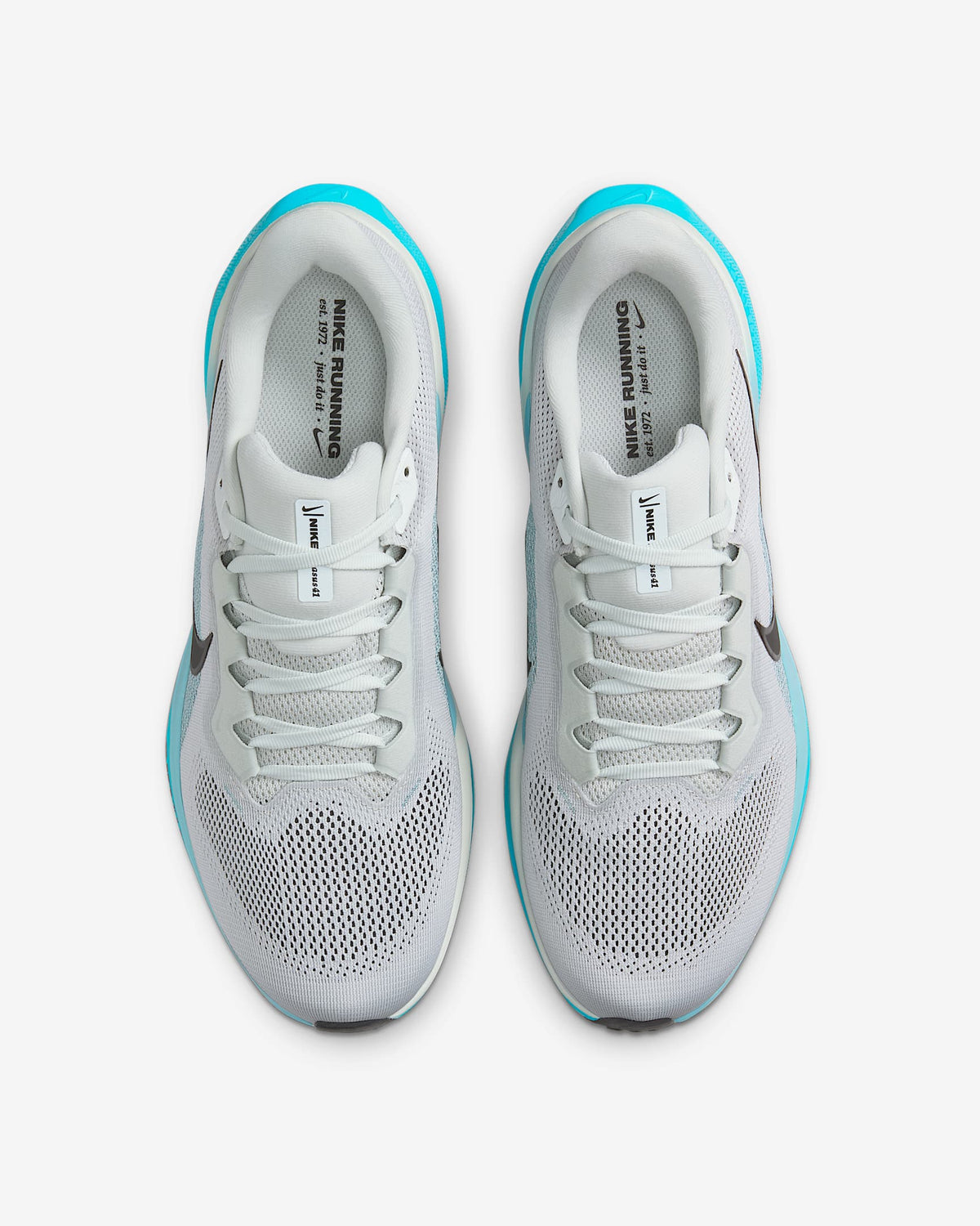 White mesh running shoes with teal-trim collar and lace-up front