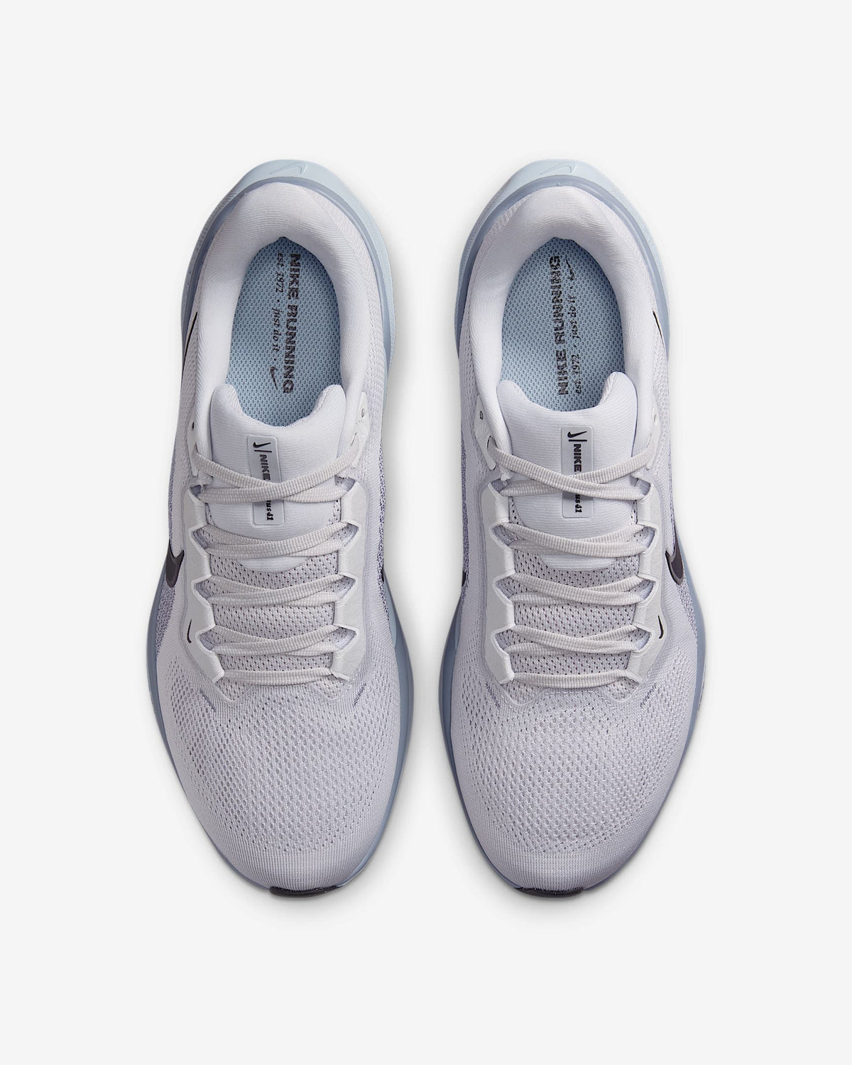 Light gray lace-up running shoes with mesh texture and cushioned collar