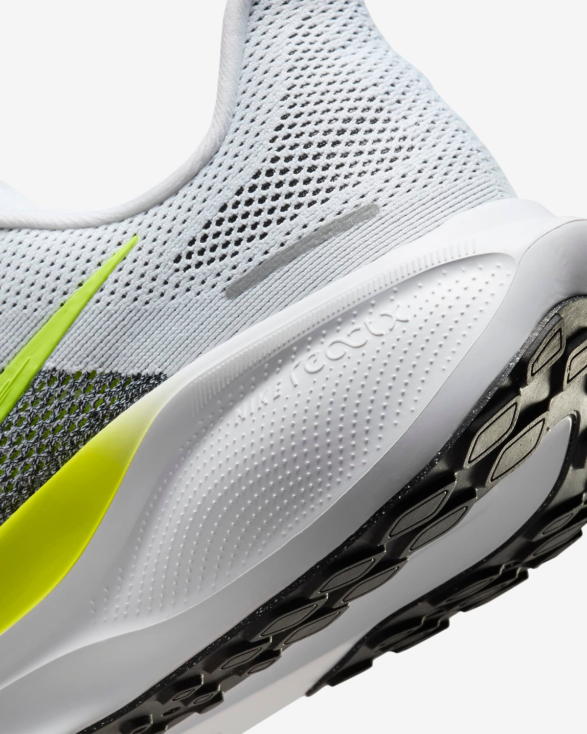 Pegasus 41 running shoes, light gray mesh with neon green side panel and white midsole.