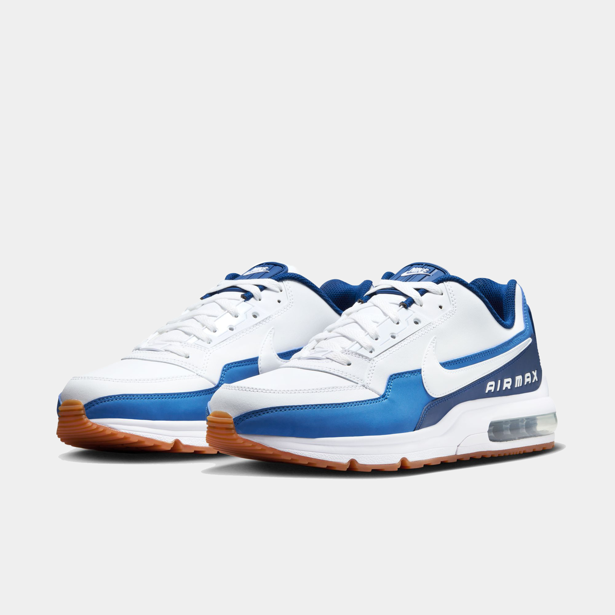 Air Max LTD 3 sneakers angled pair in white and blue with gum-brown outsole