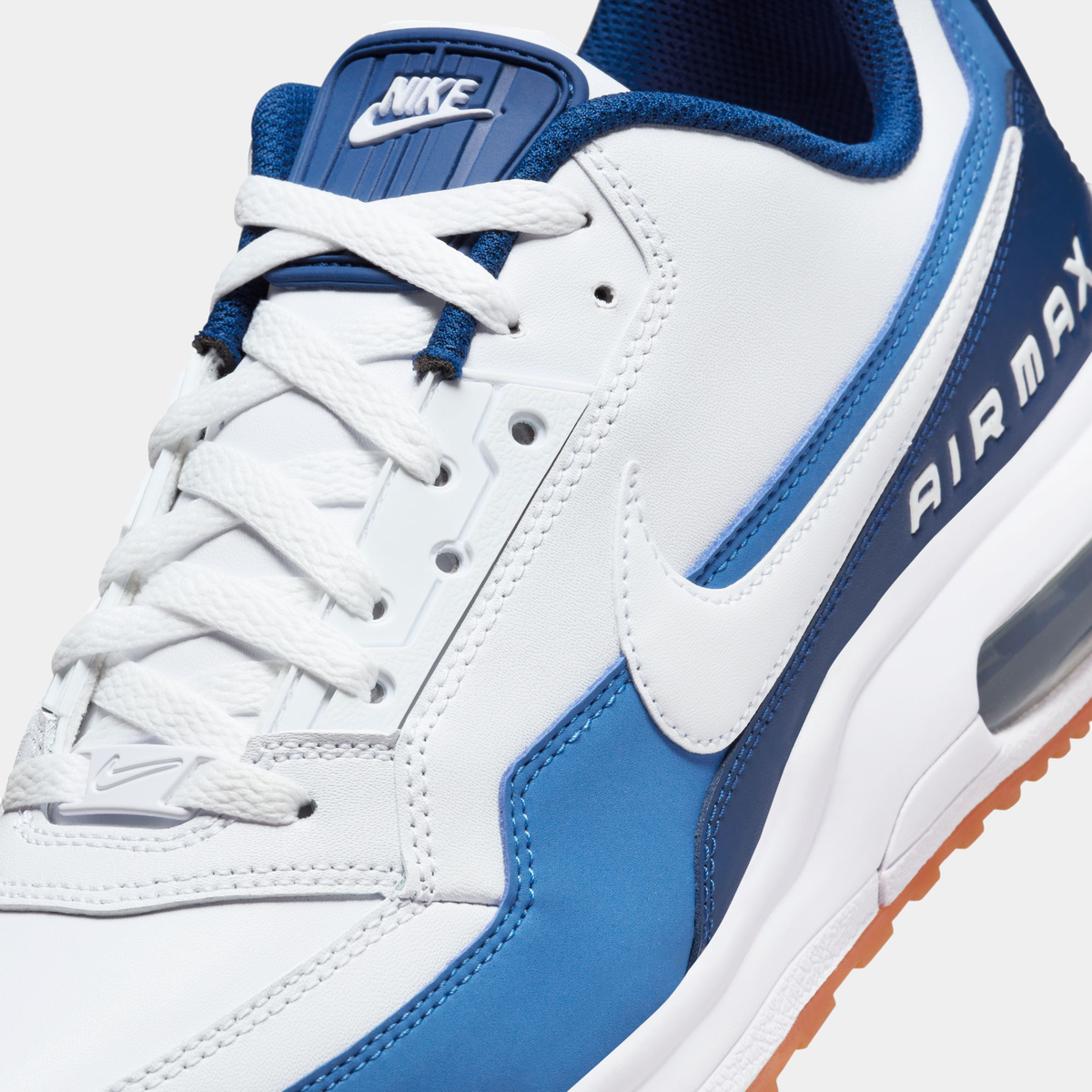 Air Max LTD 3 sneakers close-up of white and blue upper with lace and swoosh