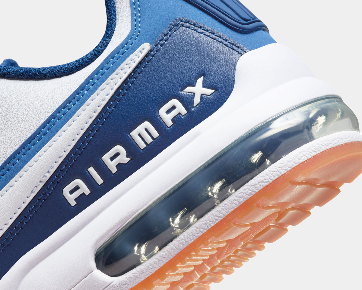 Blue and white Nike Air Max sneakers close-up with AIRMAX logo and air unit