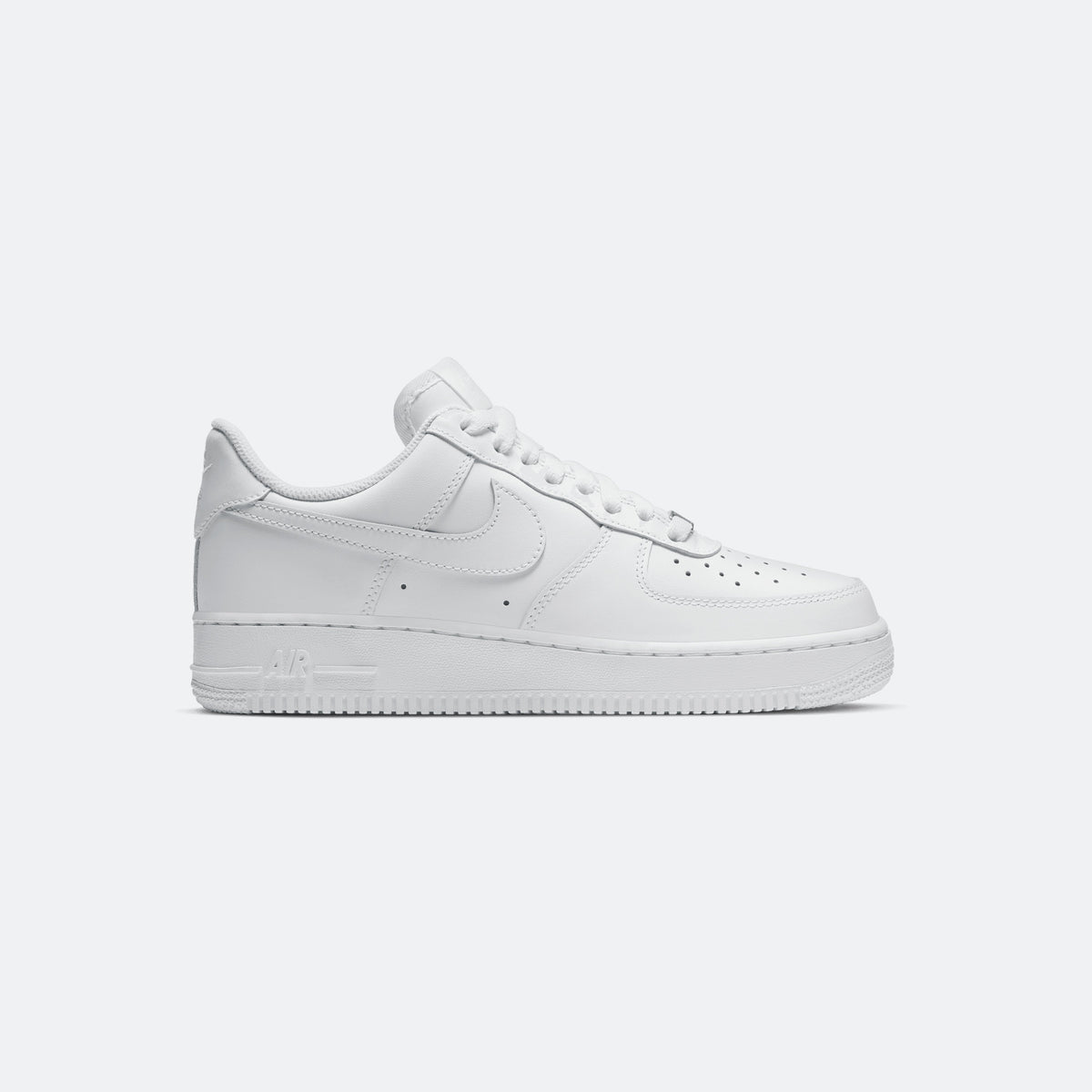 White Nike Air Force 1 low-top sneakers, side profile with swoosh and lace-up