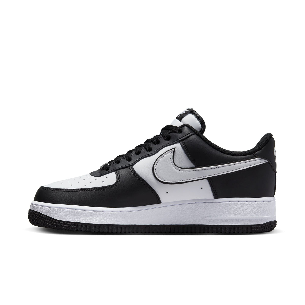 Air Force 1 '07 low-top sneakers, side view with black leather, white swoosh, and laces
