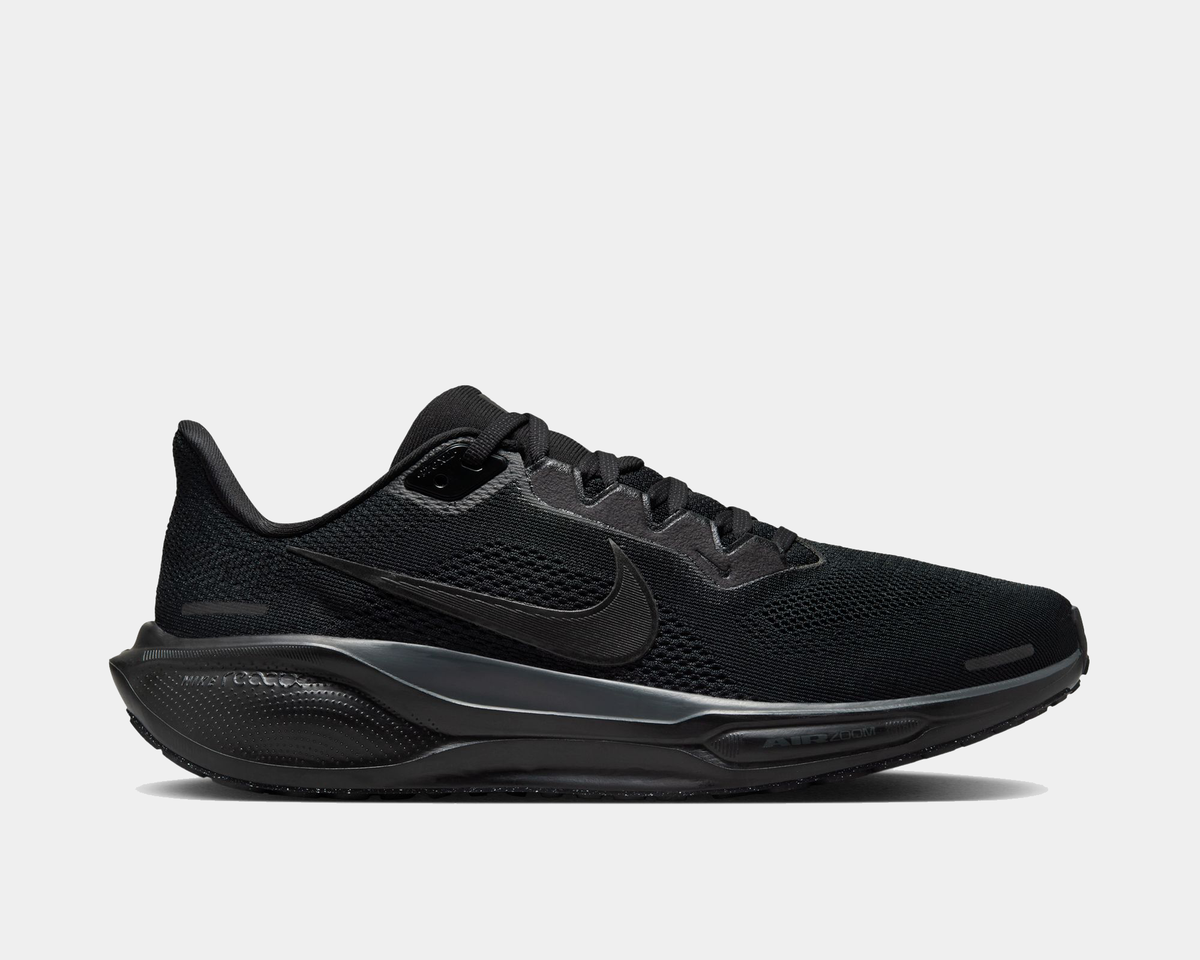 Black running shoe side view with sculpted midsole and Nike swoosh