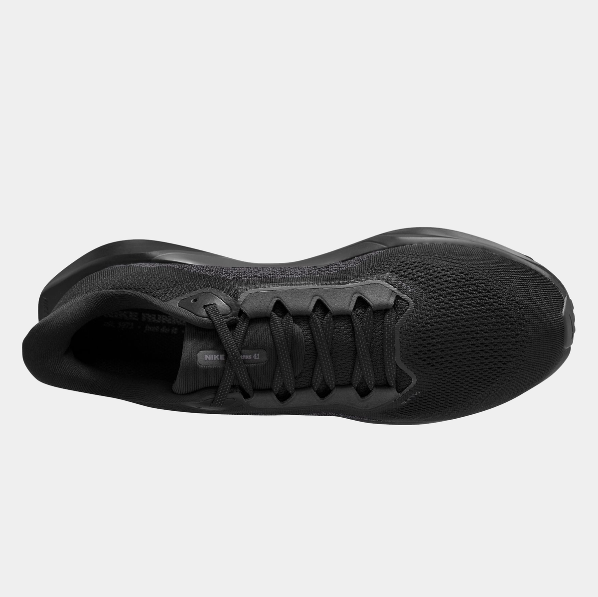 Black running sneaker top view with lace-up front and breathable mesh upper