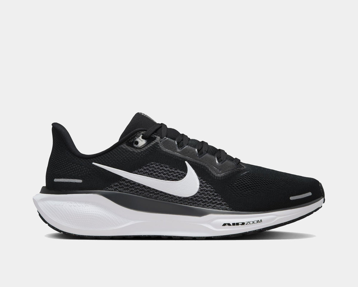 Black running shoe with white swoosh, lace-up mesh upper, white midsole