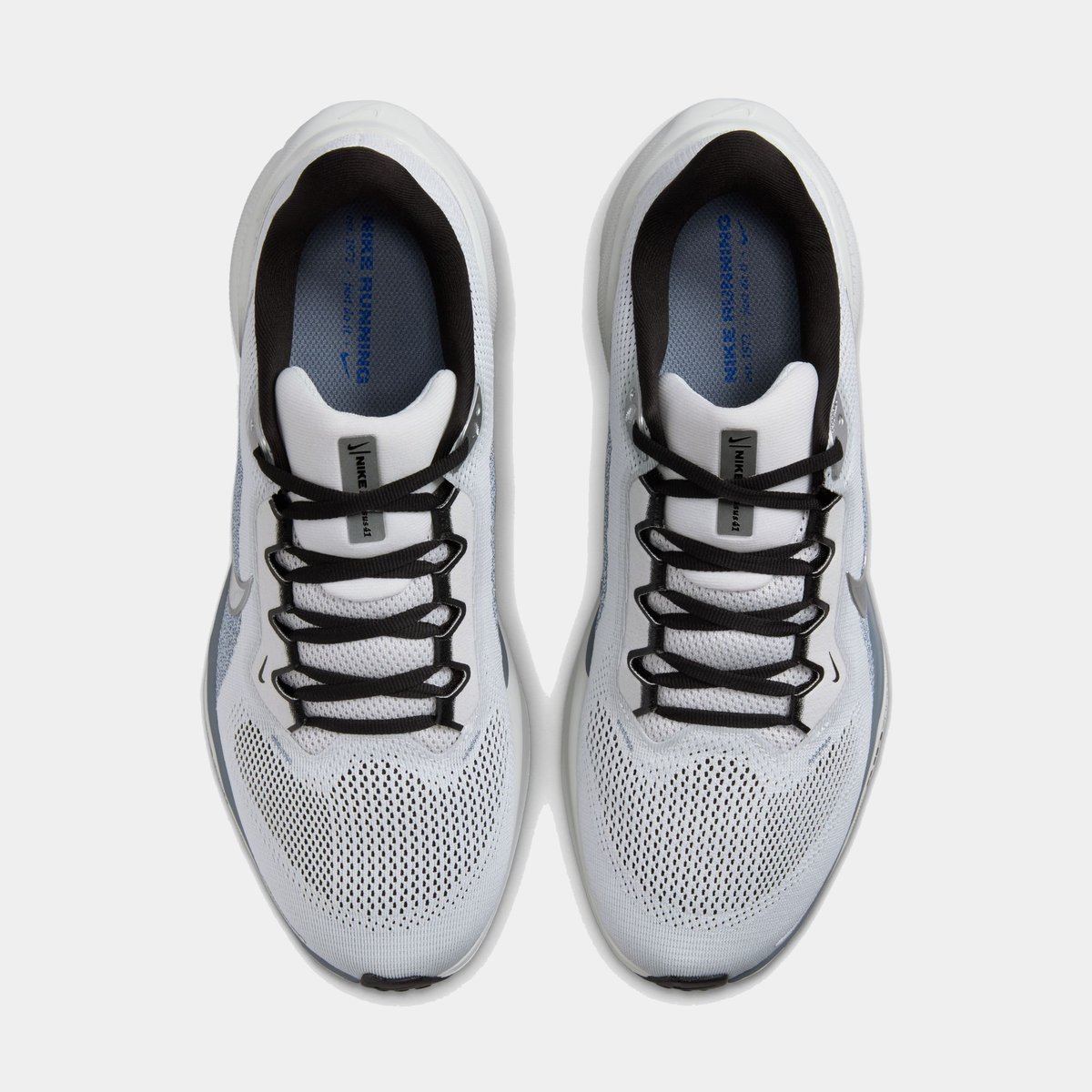 Two light gray running shoes front view with black laces and padded white collars