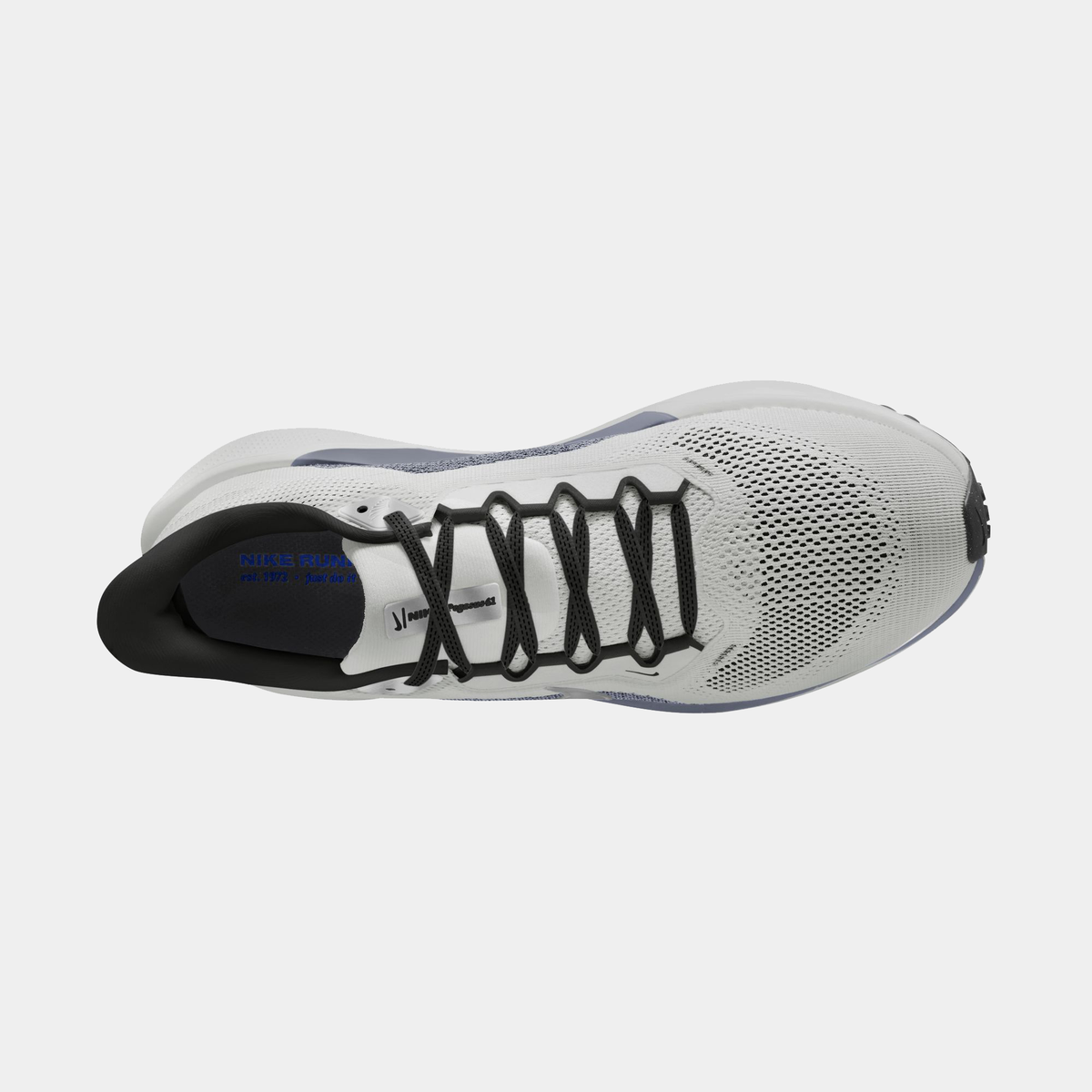 Light gray running shoe side view with black lace area and white midsole cushioning