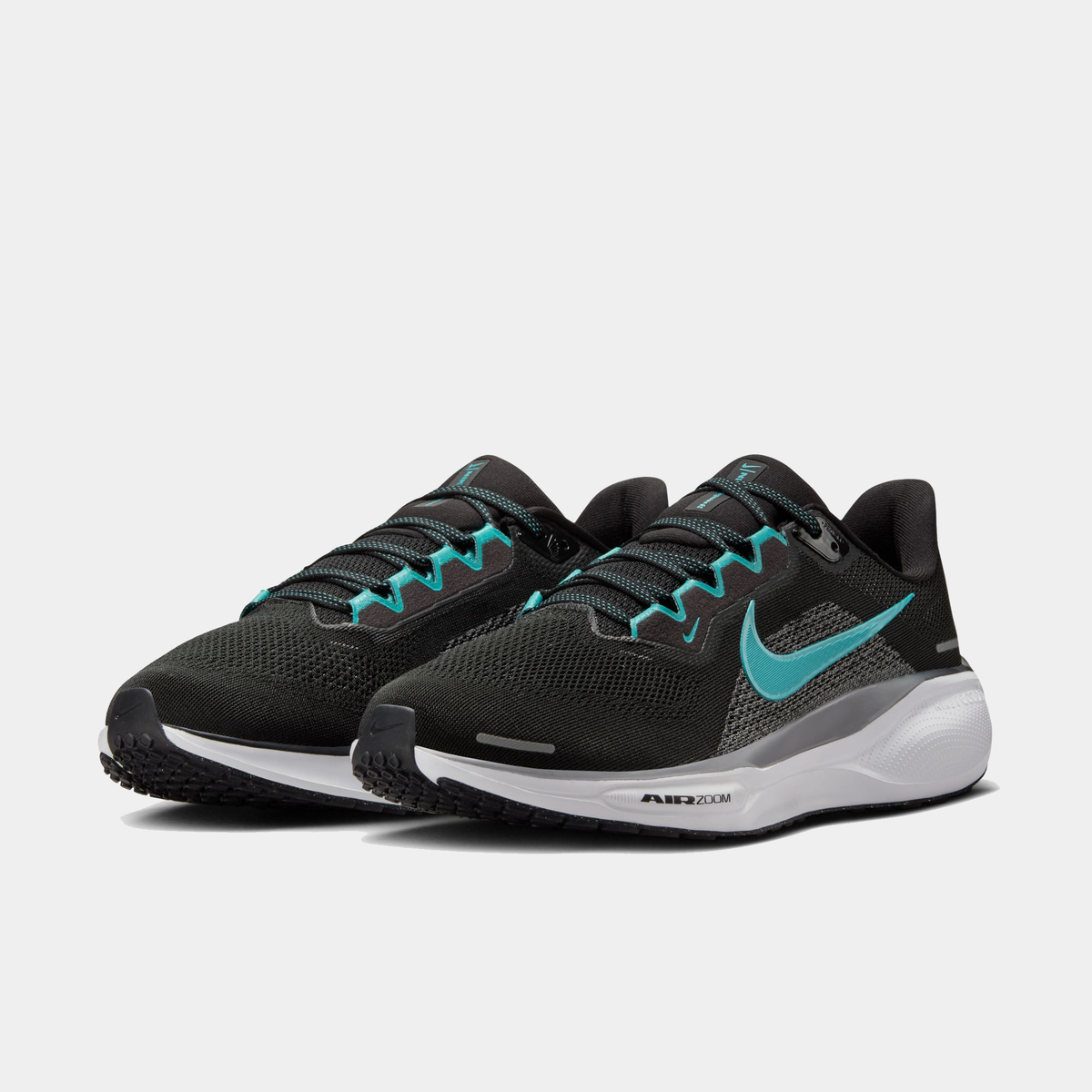 Air Zoom Pegasus 41 pair of black running shoes with teal laces and accents