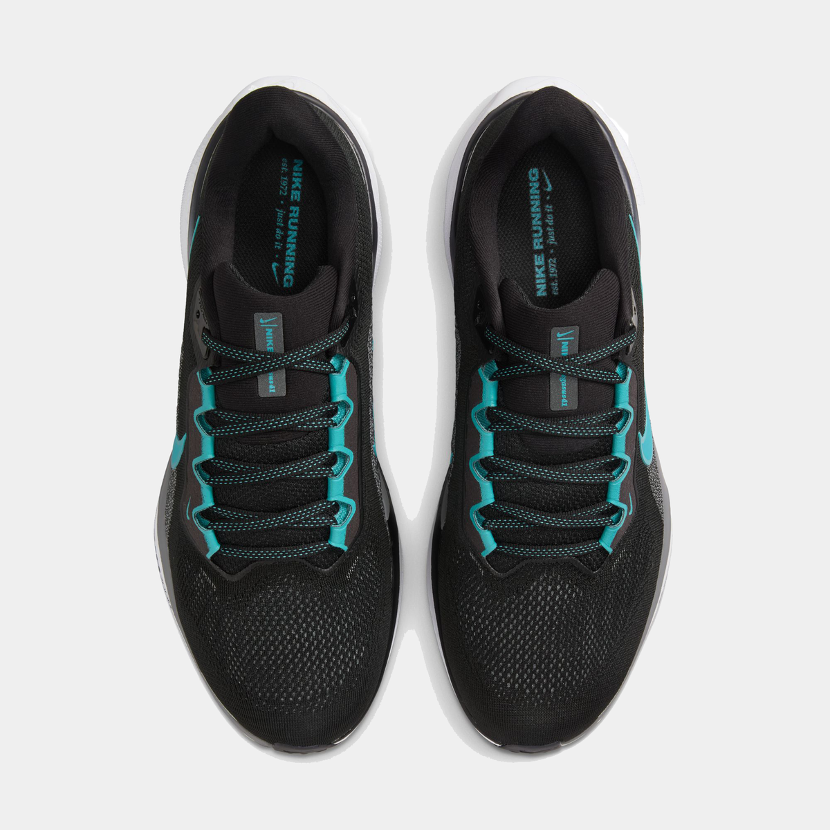 Air Zoom Pegasus 41 shoes with black uppers and teal lace loops inside