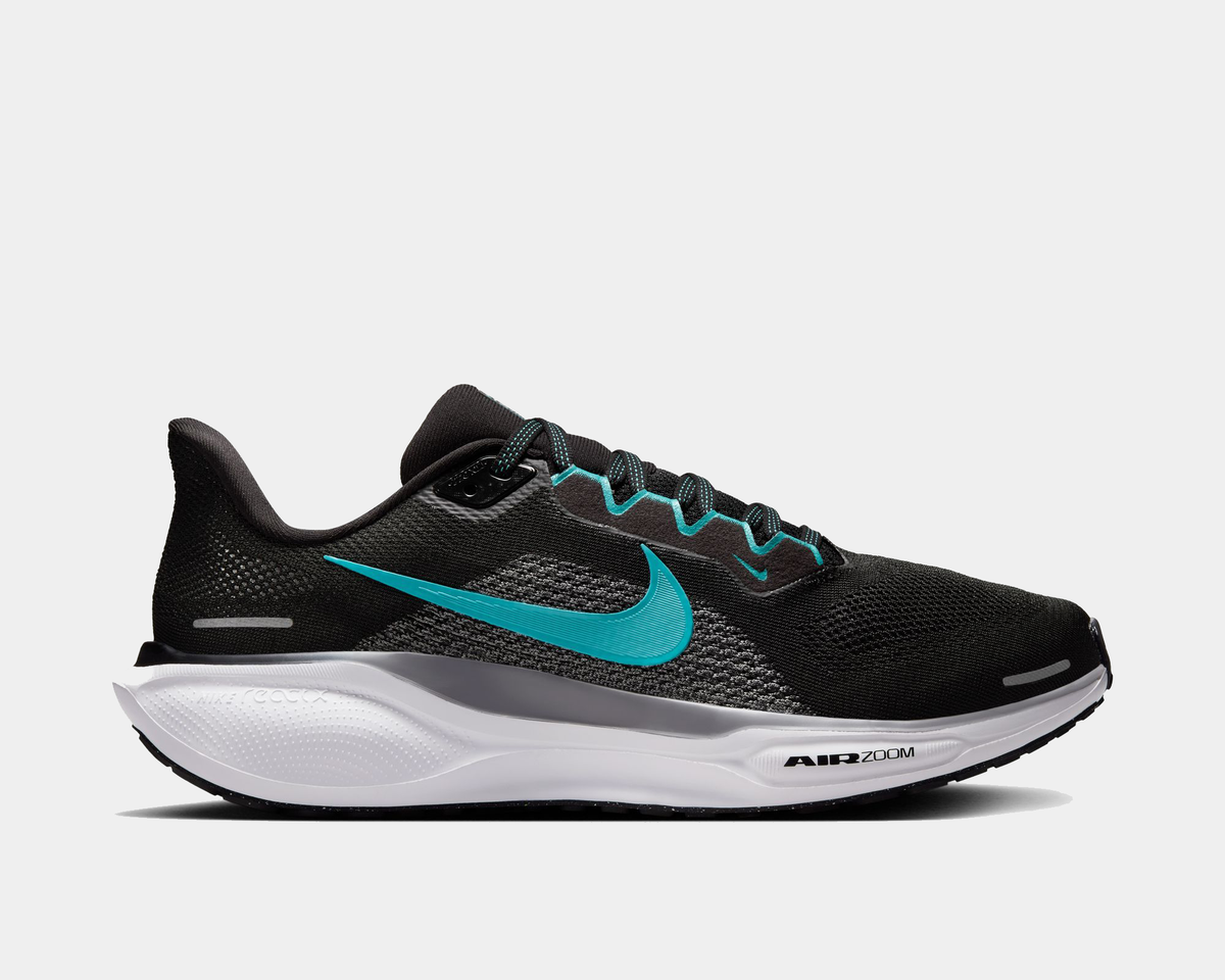 Air Zoom Pegasus 41 running shoes in black with teal logo and white midsole