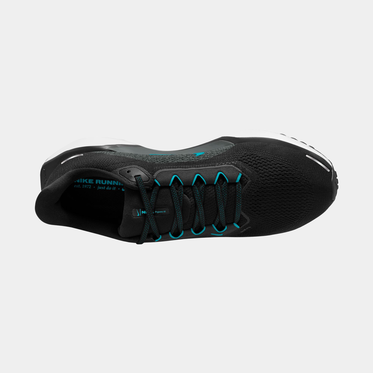 Black Air Zoom Pegasus 41 running shoe, side view with blue laces and logo